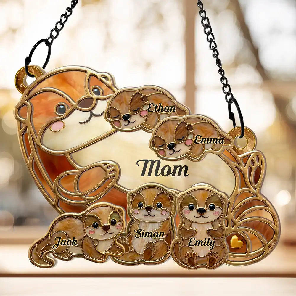 Otter Pups Stained Glass Effect Mom Grandma - Personalized Window Hanging Suncatcher Ornament