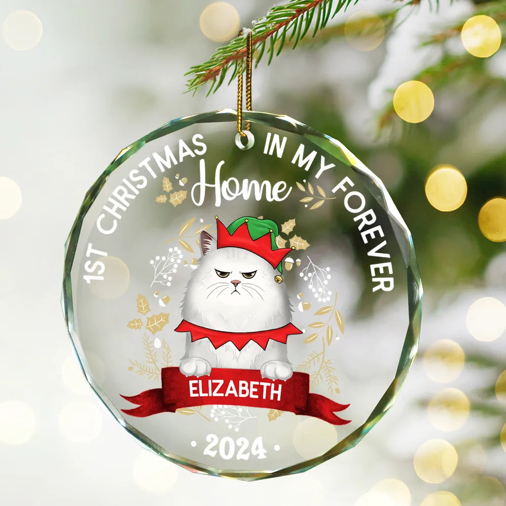 Cat 1st Christmas In My Forever Home - Personalized Circle Glass Ornament