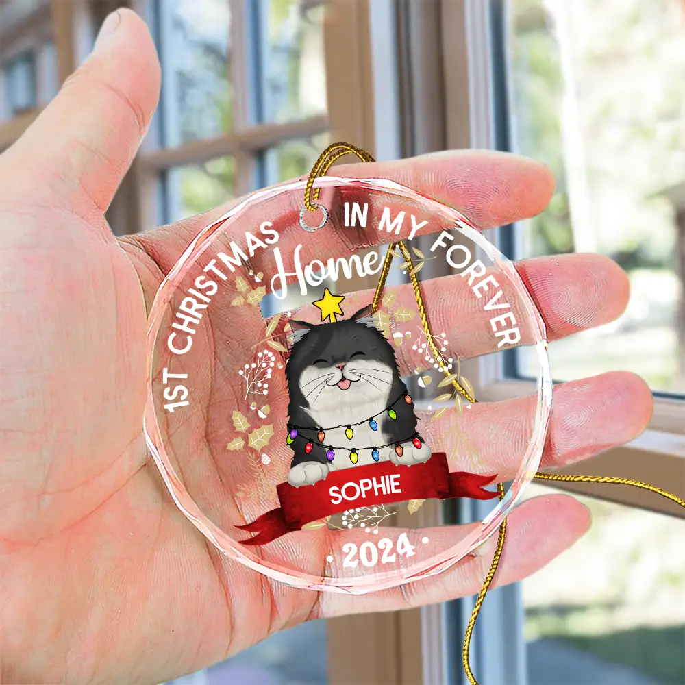 Cat 1st Christmas In My Forever Home - Personalized Circle Glass Ornament