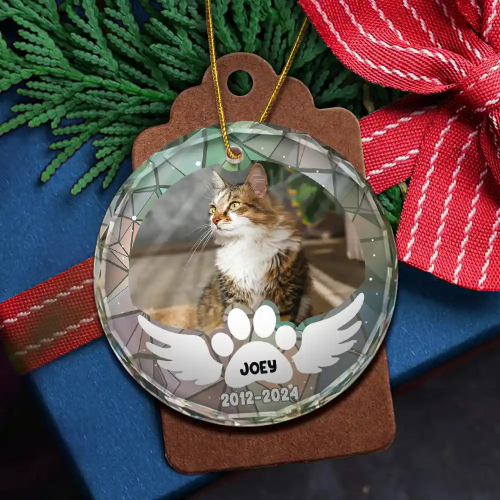 Memorial, Pet Lovers, Cat Lovers, Dog Lovers - Custom Photo In Loving Memory Pet Wings - Personalized Circle Glass Ornament