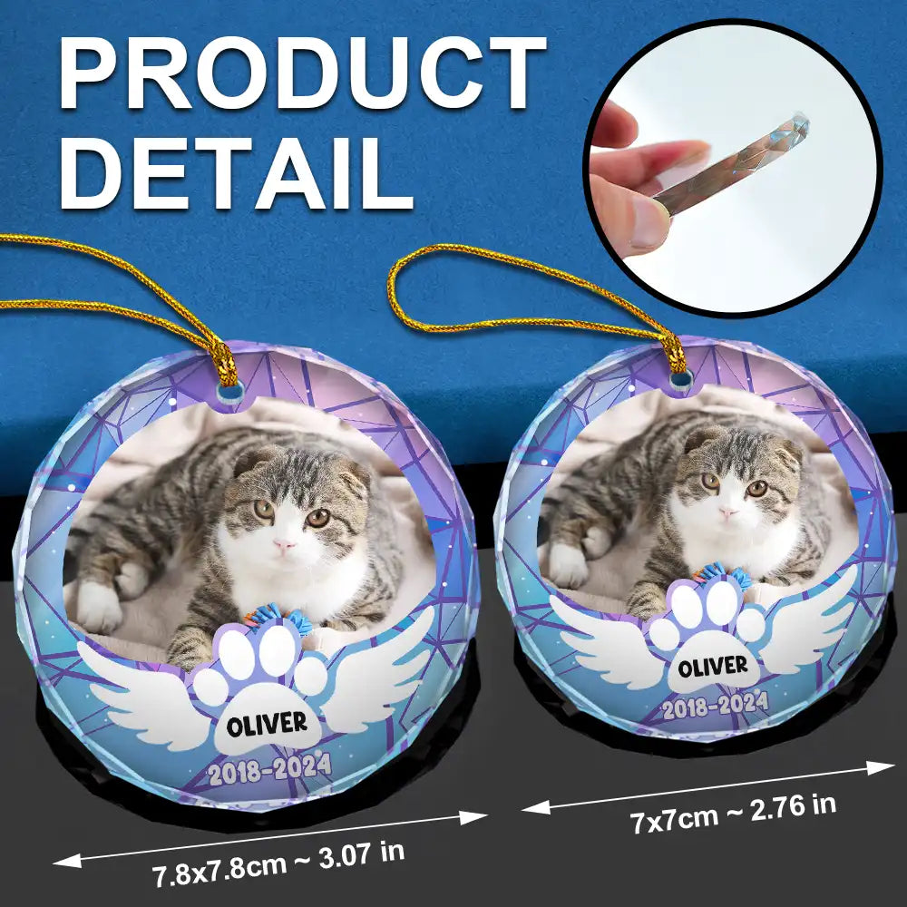 Memorial, Pet Lovers, Cat Lovers, Dog Lovers - Custom Photo In Loving Memory Pet Wings - Personalized Circle Glass Ornament