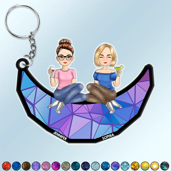 Cartoon Besties Friends Sitting On The Moon - Personalized Cutout Acrylic Keychain