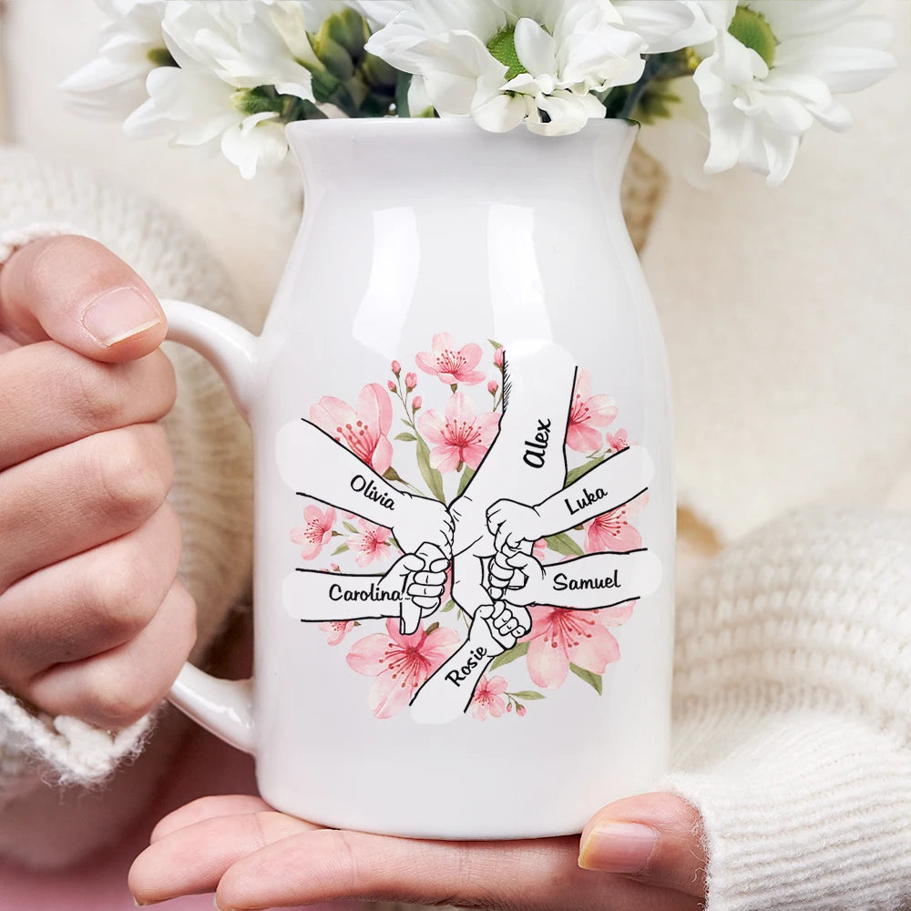 Gift For Mother,Gift For Grandma,Gift For Women,Love - Hand In Hand Birth Flower Grandma Mom - Personalized Ceramic Flower Vase