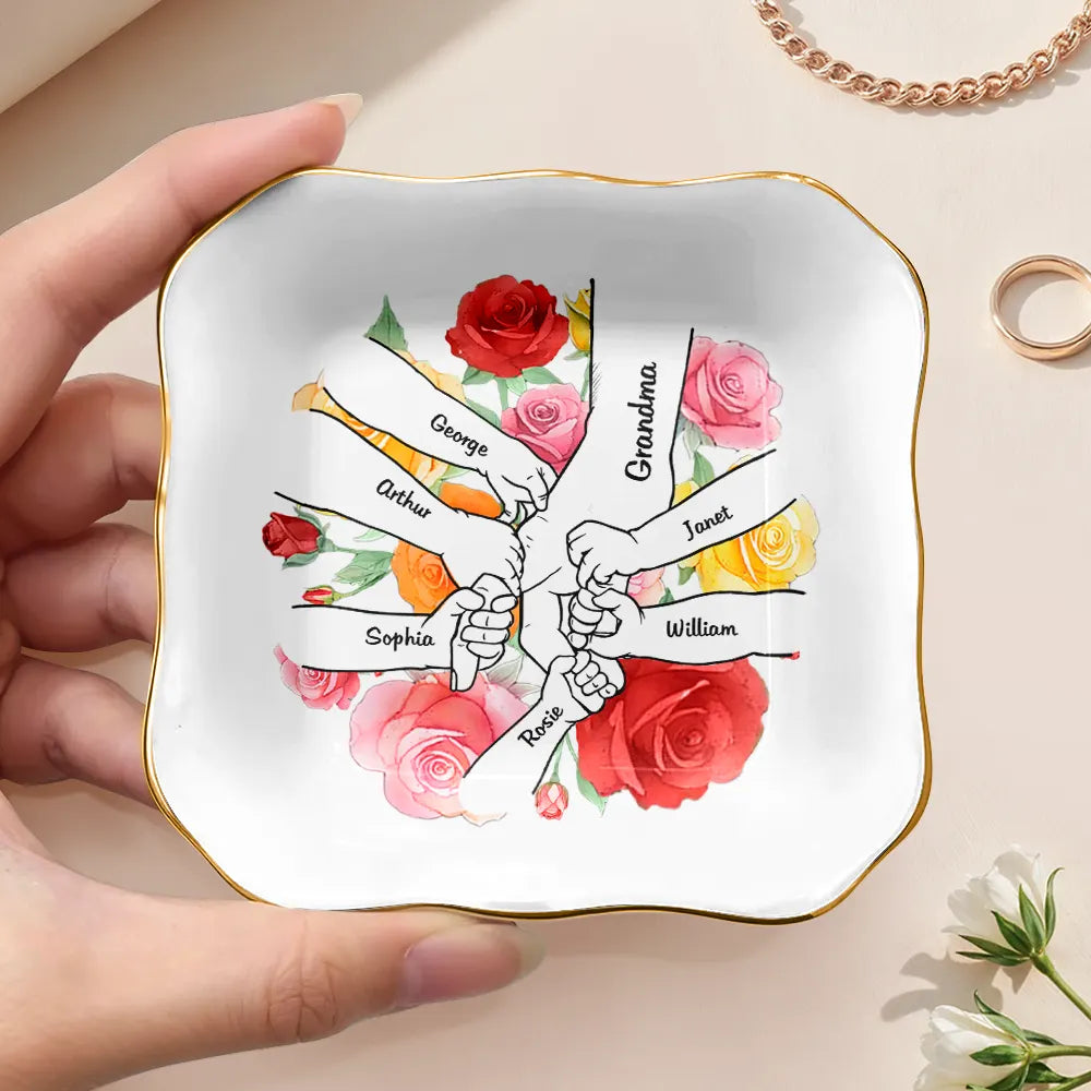 Gift For Grandma,Gift For Mother,Love,Happy - Hand In Hand Birth Flower Grandma Mom - Personalized Ring Dish