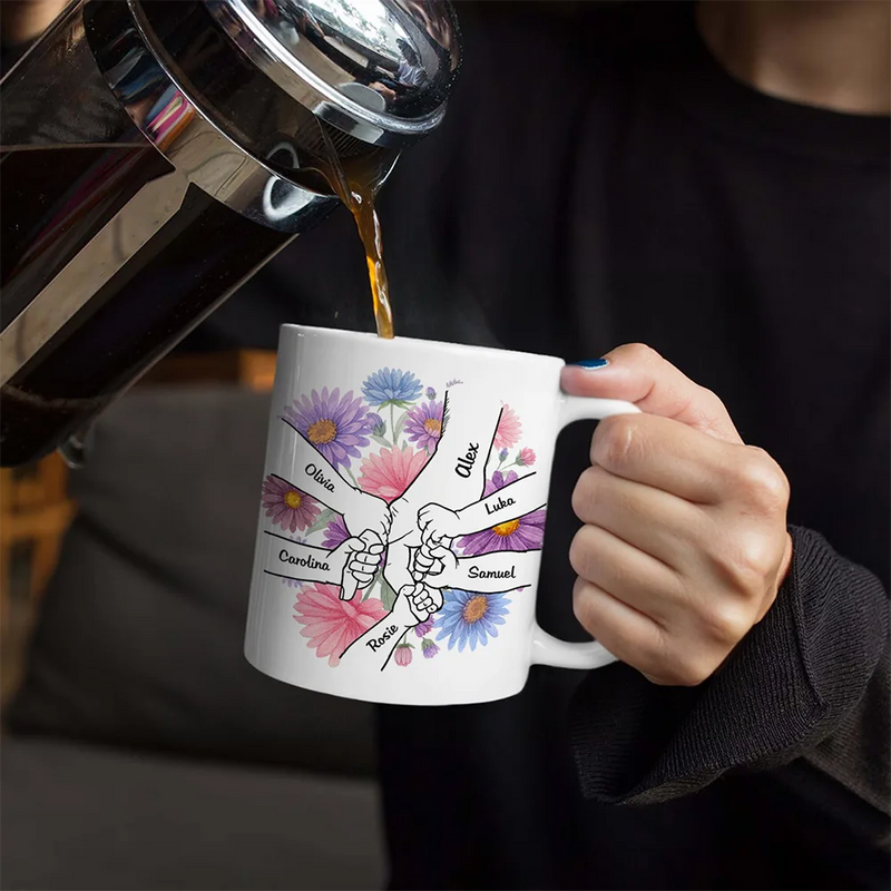 Gift For Grandma, Gift For Mother, Love, Happy - Hand In Hand Birth Flower Grandma Mom - Personalized White Edge-to-Edge Mug