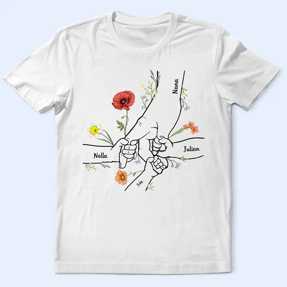 Hand In Hand Birth Flower Mom Kid Nana Grandkid - Personalized T Shirt