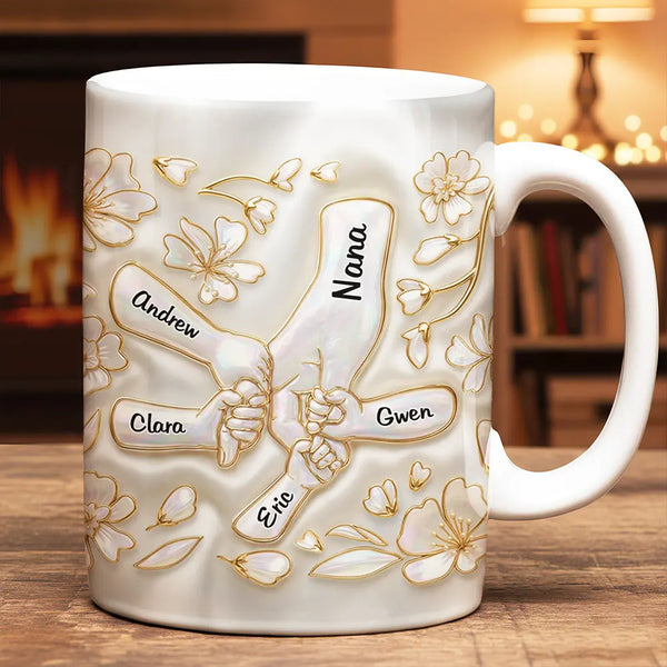 Gift For Wife,Gift For Mother,Gift For Grandma,Love - Hand In Hand Mom Grandma Nacre Effect 3D Inflated Effect Printed - Personalized White Edge-to-Edge Mug