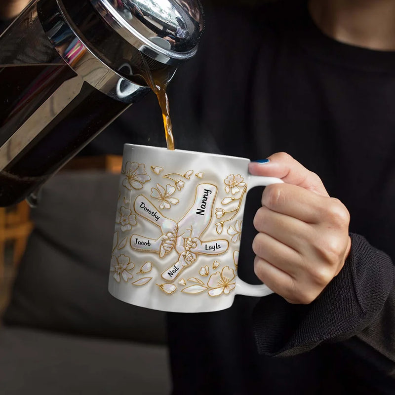 Gift For Wife,Gift For Mother,Gift For Grandma,Love - Hand In Hand Mom Grandma Nacre Effect 3D Inflated Effect Printed - Personalized White Edge-to-Edge Mug