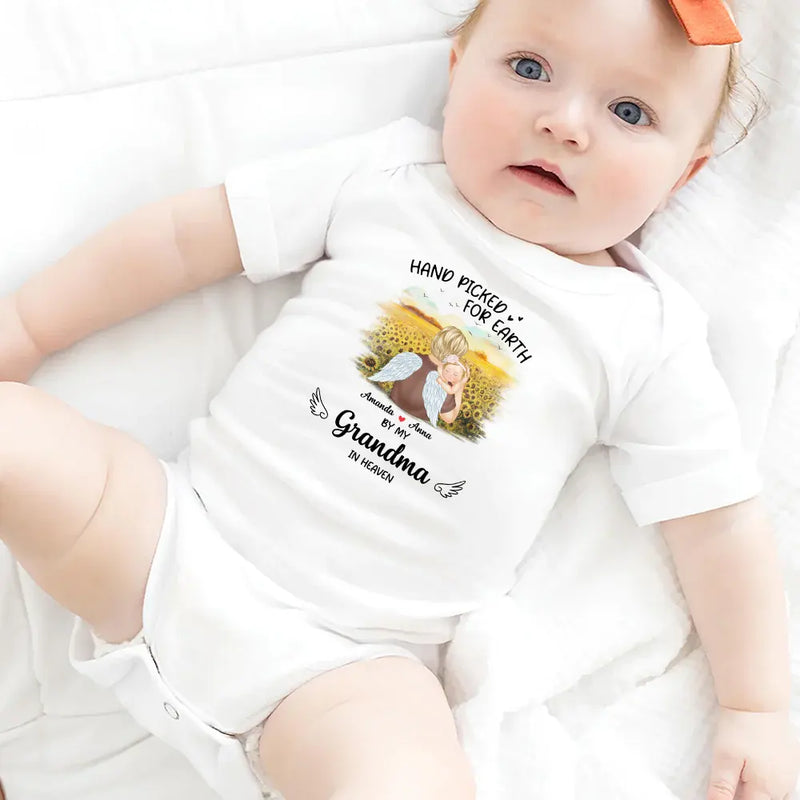 Memorial, Pregnant Mom, New Mom, New Dad, New baby, Parents - Hand Picked For Earth By My Grandpa Grandma - Personalized Baby Onesie