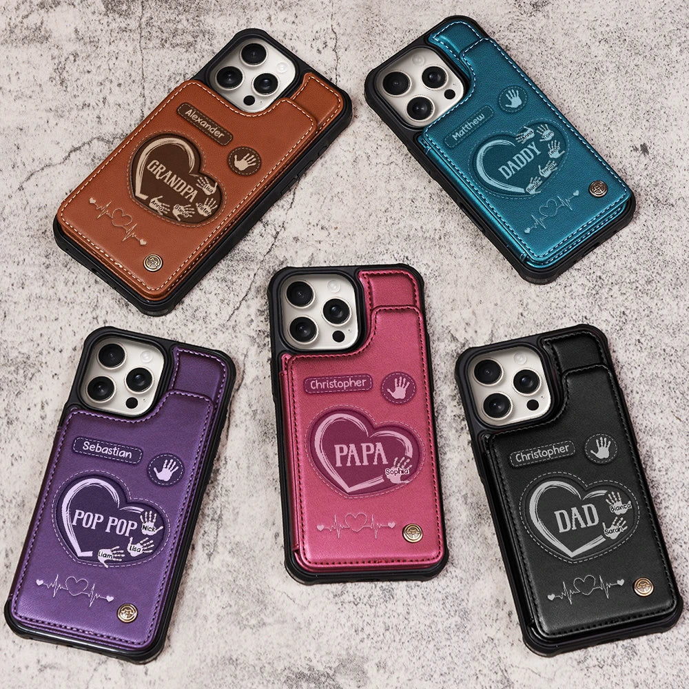 Gift For Father,Dad,Children - Hand Prints Dad Grandpa - Personalized Leather Flip Wallet Phone Case
