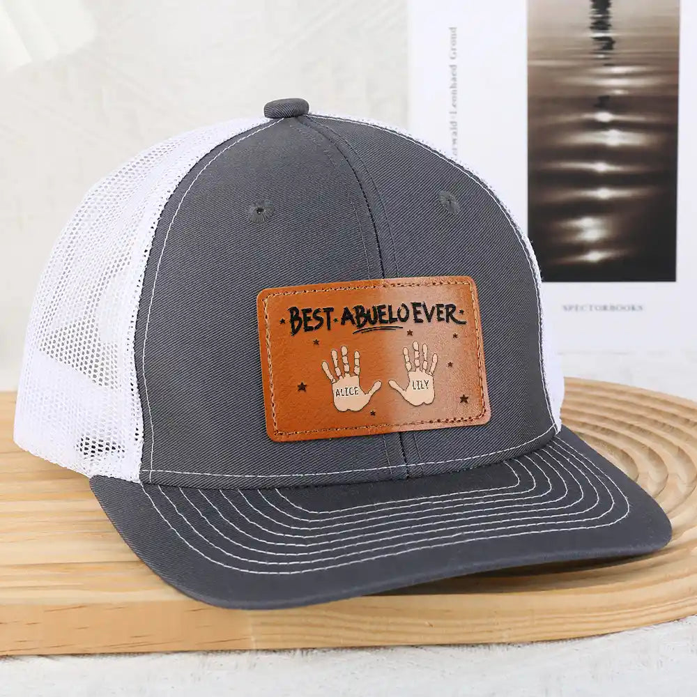 Gift For Father,Gift For Grandpa - Handprints Best Dad Ever - Personalized Leather Patch Hat