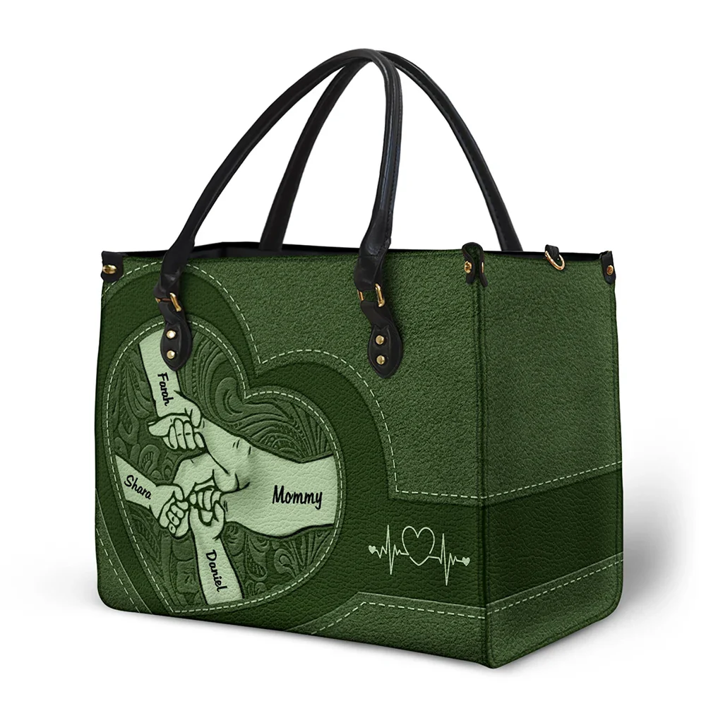 Gift For Grandma,Grandma,Grandkids,Gift For Mother - Hands In Hands Mom Nana And Children - Personalized Leather Bag

