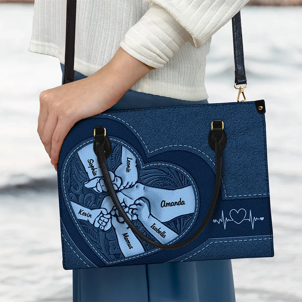 Gift For Grandma,Grandma,Grandkids,Gift For Mother - Hands In Hands Mom Nana And Children - Personalized Leather Bag
