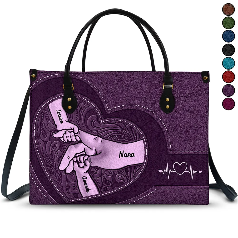 Gift For Grandma,Grandma,Grandkids,Gift For Mother - Hands In Hands Mom Nana And Children - Personalized Leather Bag
