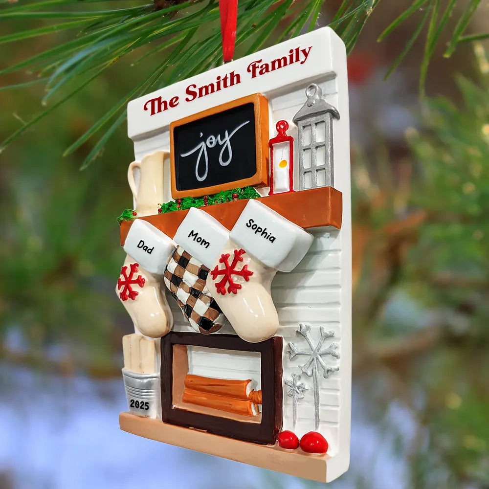 Family,Gift For Couples,Love,Christmas,Pet Lovers - Hanging Socks Cozy Fireplace Family Friend - Personalized Embossed Ceramic Ornament
