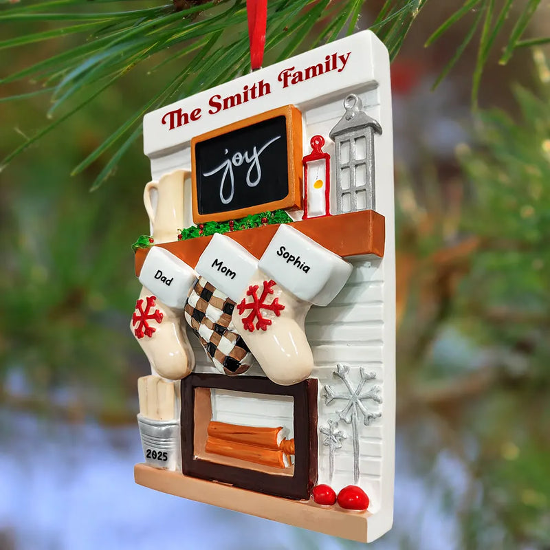 Family,Gift For Couples,Love,Christmas,Pet Lovers - Hanging Socks Cozy Fireplace Family Friend - Personalized Embossed Ceramic Ornament