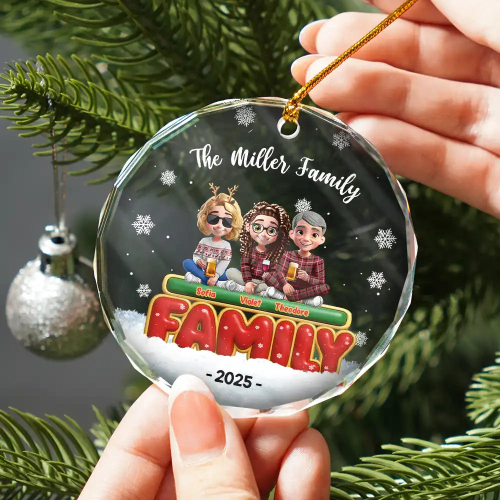 Christmas, Happy, Family - Happy All Family 3D Effect - Personalized Circle Glass Ornament