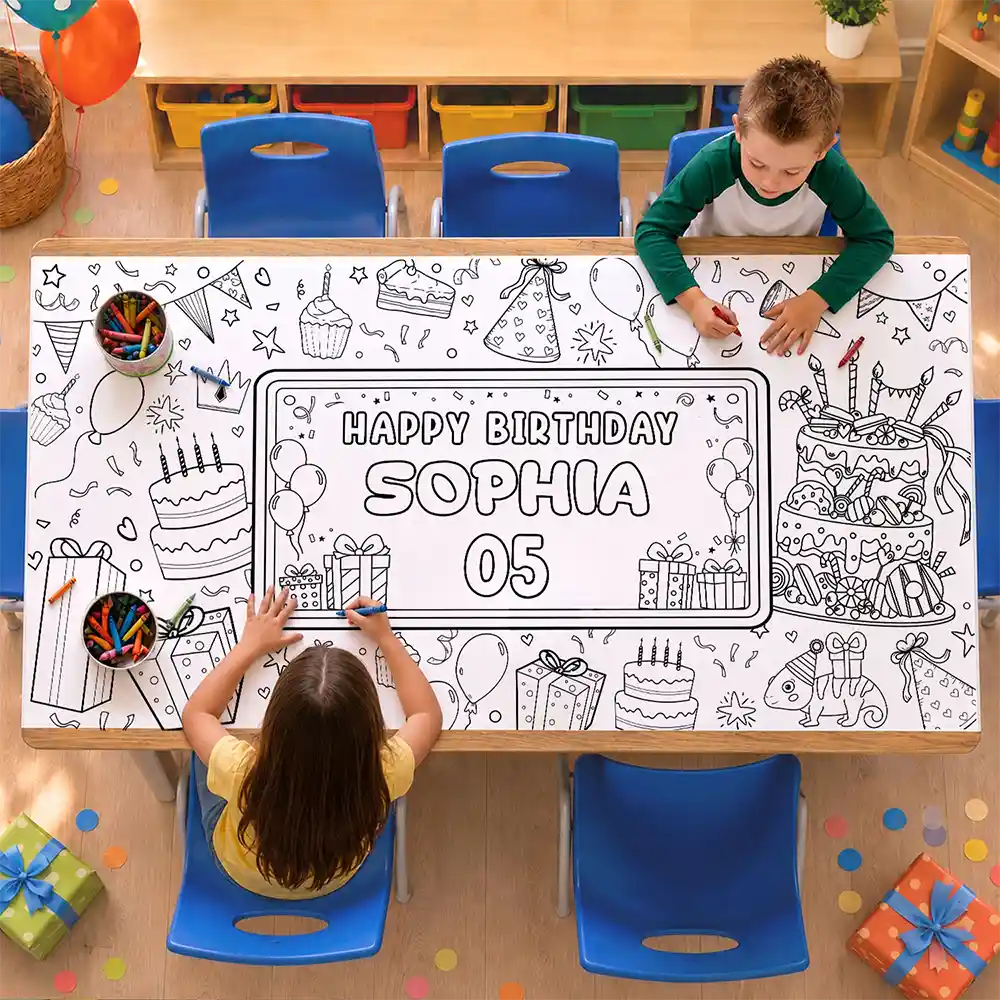 Playful,Back To School,Gift For Kids,Icon,Custom Text - Happy Birthday For Boy Girl - Personalized Coloring Tablecloth