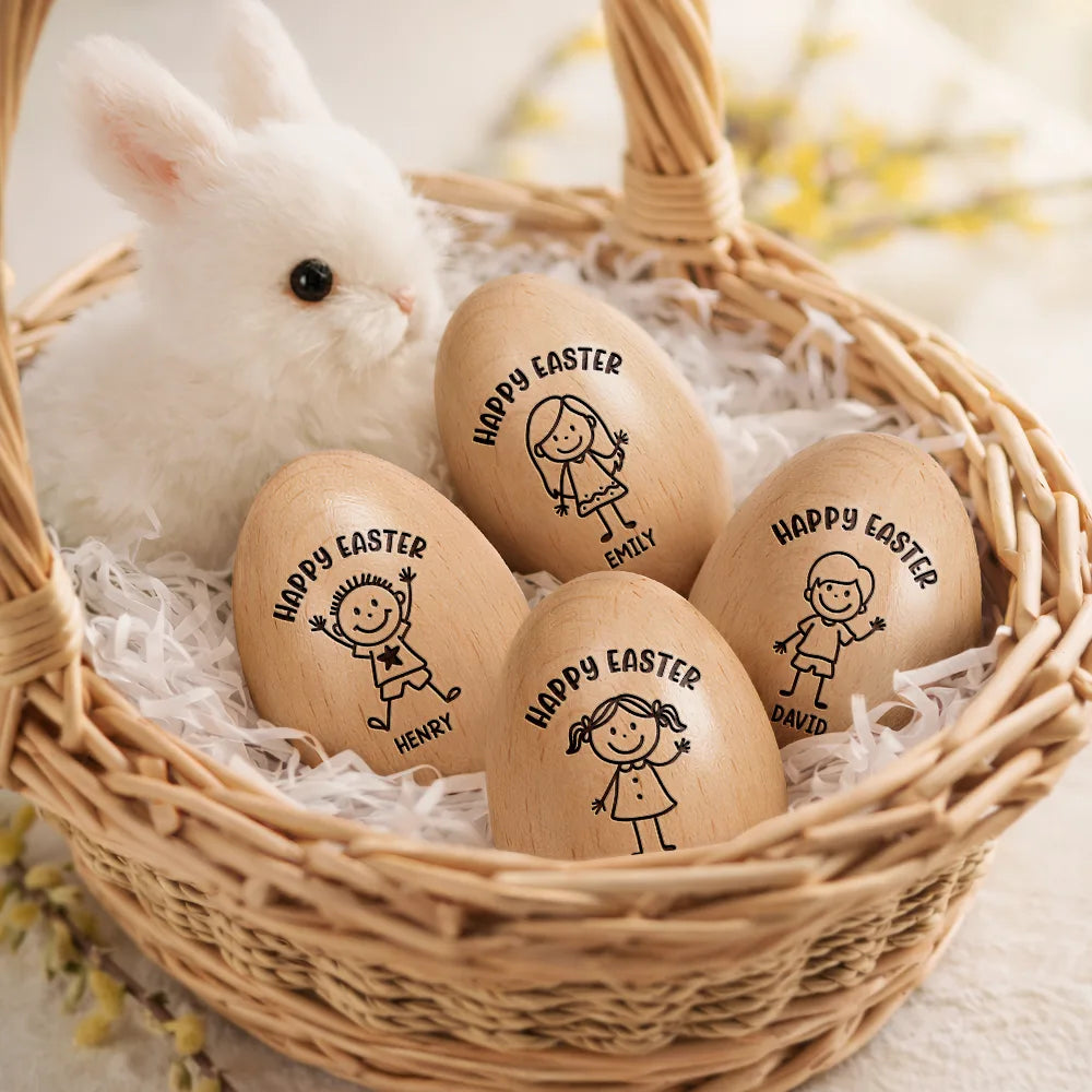Easter,Gift For Kids,Grandma - Grandkids,Gift For Grandkids,Grandpa - Grandkids,Dad - Children,Mom - Children,Happy,Stick Figure - Happy Easter Kids Stick Figure - Personalized Musical Wooden Easter Egg Shaker