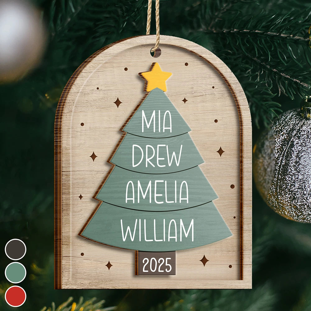 Christmas, Family, Parents, Gift For Grandparents, Happy, Gift For Sibling - Happy Family Christmas Tree - Personalized 2-Layered Wooden Ornament