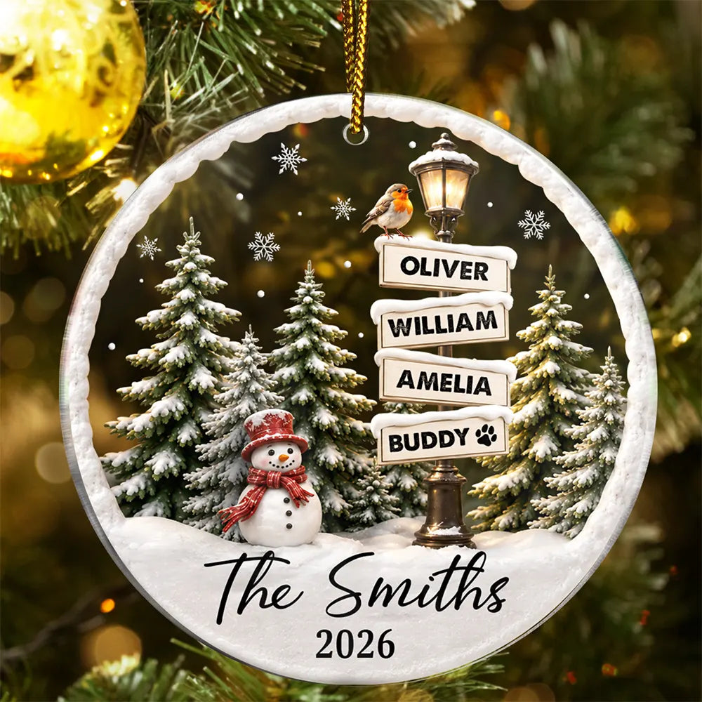 Happy Family Name Snowman - Personalized Circle Acrylic Ornament