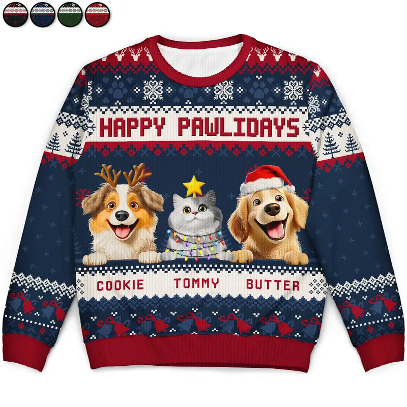 Cat Lovers,Pet Lovers,Christmas,Funny,Dog Lovers - Happy Pawlidays 3D Effect Cat Dog - Personalized Unisex Ugly Sweater
