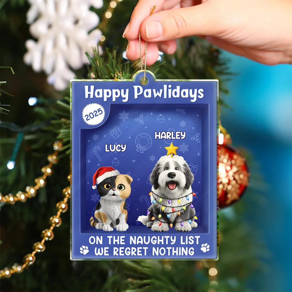 Pet Lovers,Pet Mom,Pet Dad,Dog Lovers,Dog Mom,Dog Dad,Cat Lovers,Cat Mom,Cat Dad,Happy - Happy Pawlidays Toy Box - Personalized Custom Shaped Acrylic Ornament