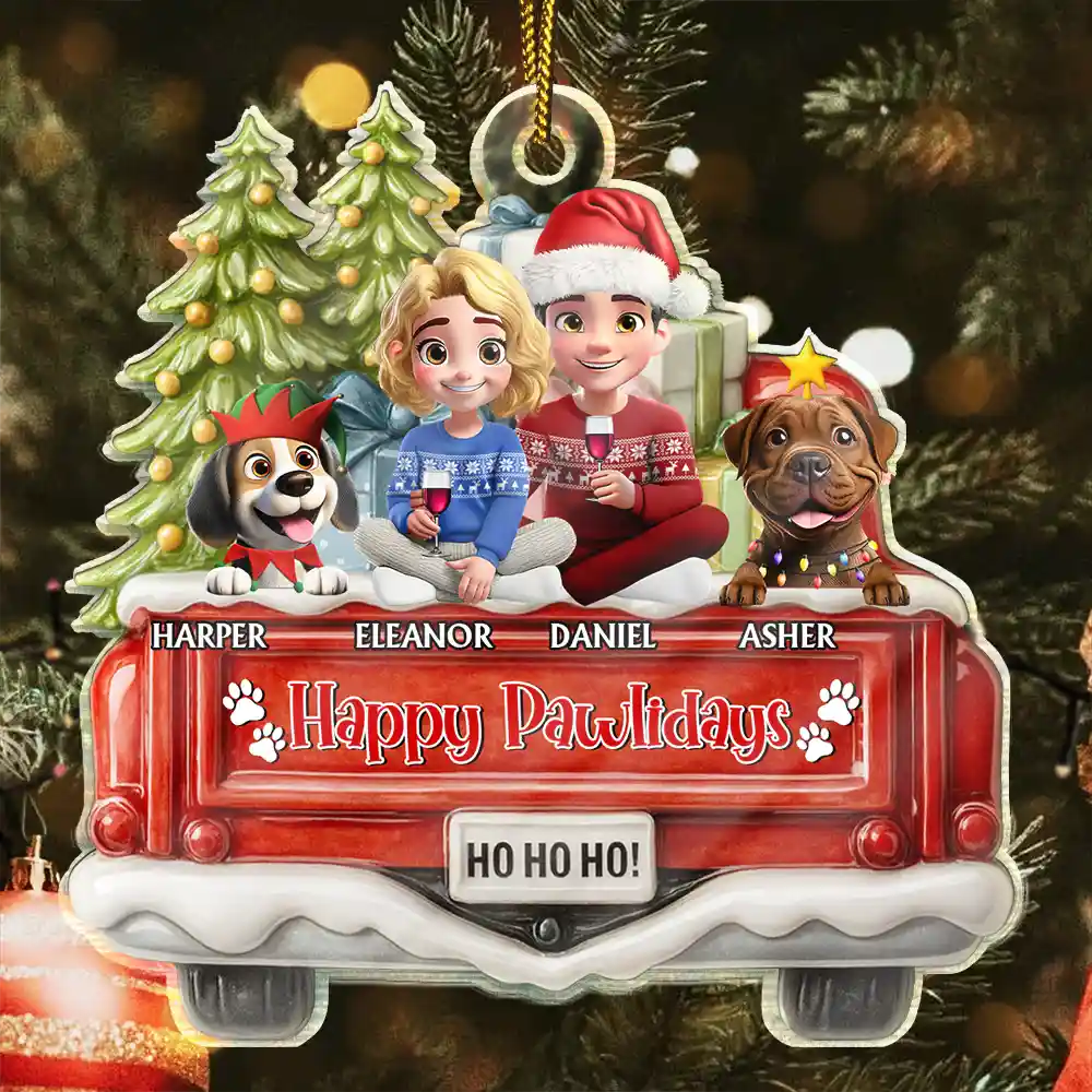 Happy Pawlidays Couple With Dogs Cats - Personalized Custom Shaped Acrylic Ornament