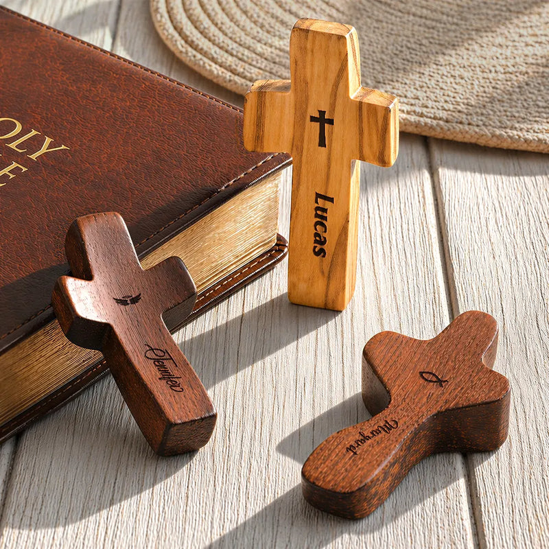 Gift For Father,Devoted,Icon - Heart Baseball Soccer Ball And Name - Personalized Wooden Pocket Prayer Cross