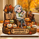 Gift For Grandchildren,Gift For Grandkids,Gift For Grandma,Cozy,Grandma - Grandkids,Vector - Hello Fall Grandma's Pumpkin Patch - Personalized Custom Shaped Wooden Plaque