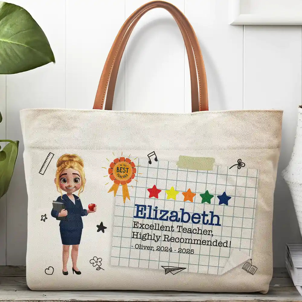 Teacher,Back To School - Highly Recommended Teacher - Personalized Leather Handle Tote Bag