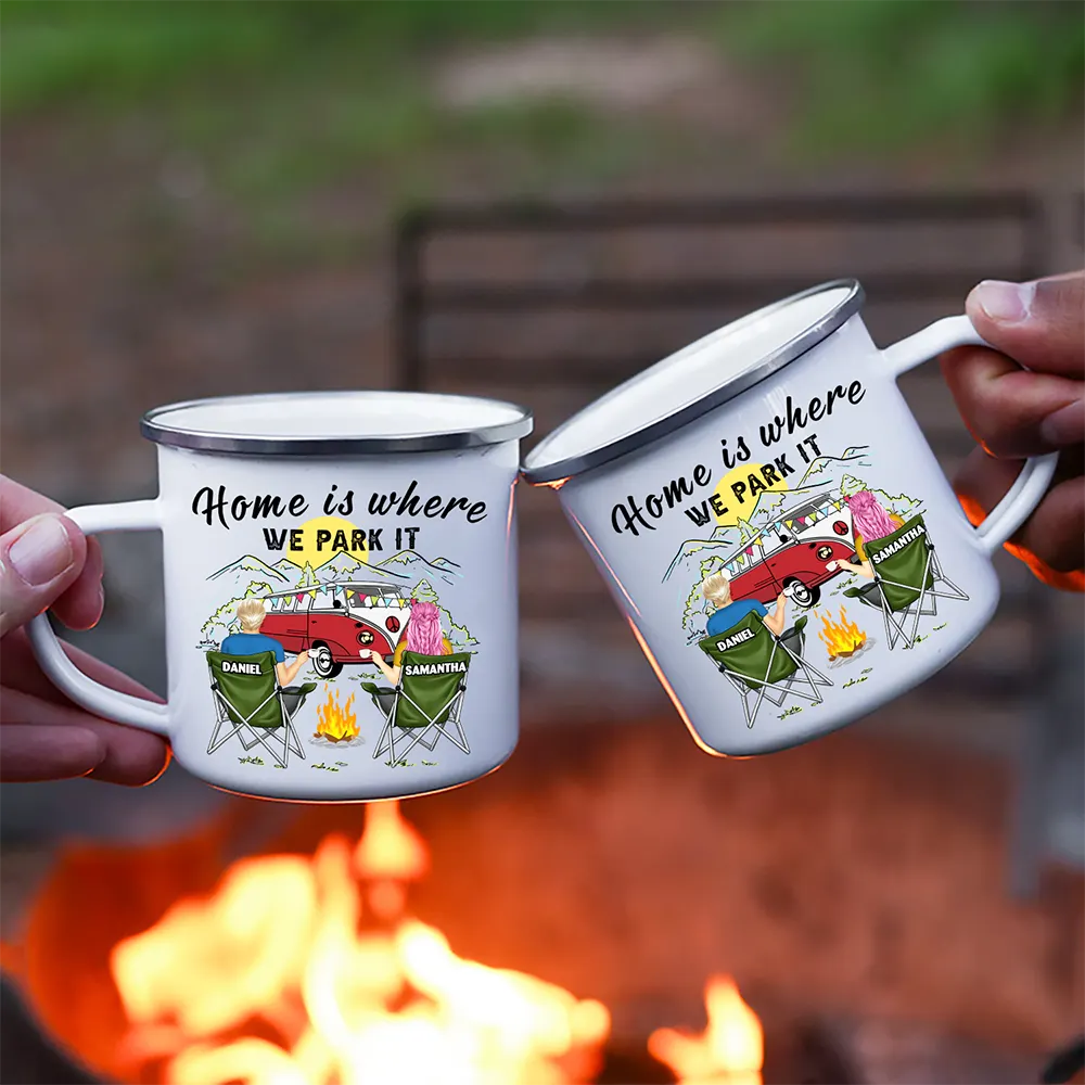 Camping,Campsite,Happy,Gift For Couples,Gift For Husband,Gift For Wife,Gift For Boyfriend,Gift For Girlfriend - Home Is Where We Park It - Personalized Enamel Mug