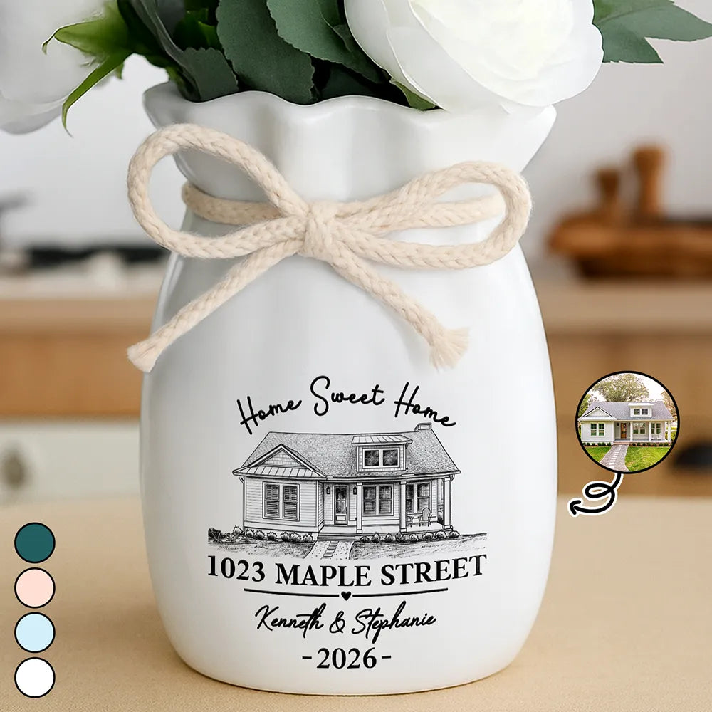 Custom Photo Pencil Sketch Home Sweet Home New House - Personalized Ribbon Tie Flower Vase