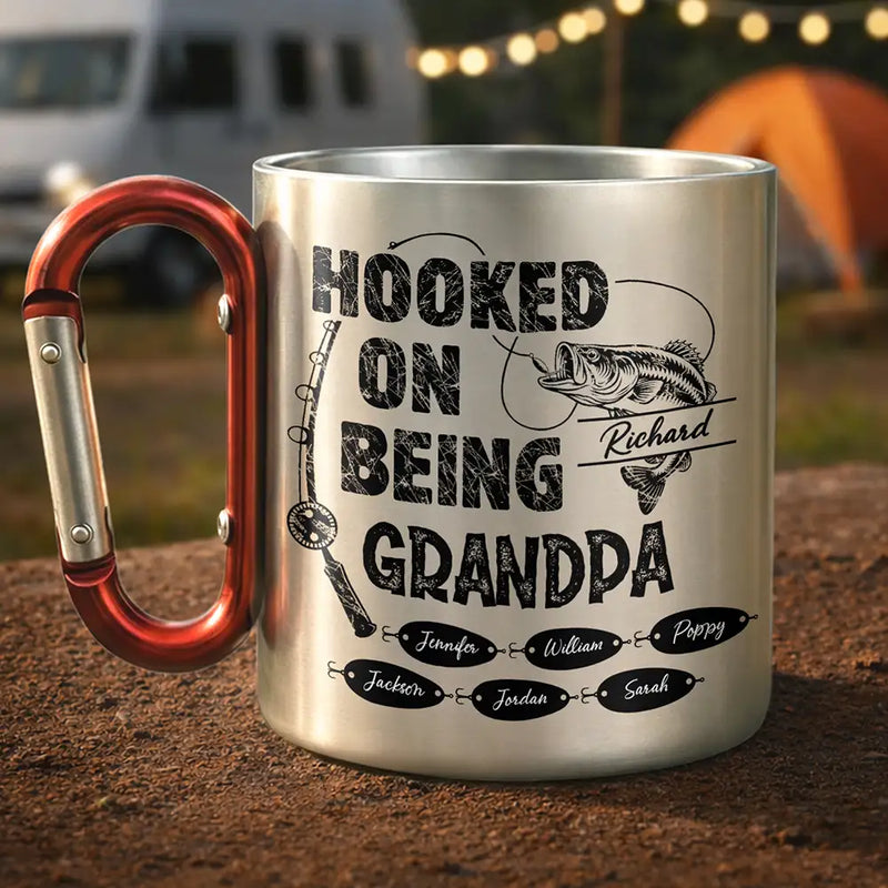 Fishing, Dad - Children, Gift For Father, Gift For Grandpa, Grandpa - Grandkids - Hooked On Being Grandpa Fishing - Personalized Carabiner Mug