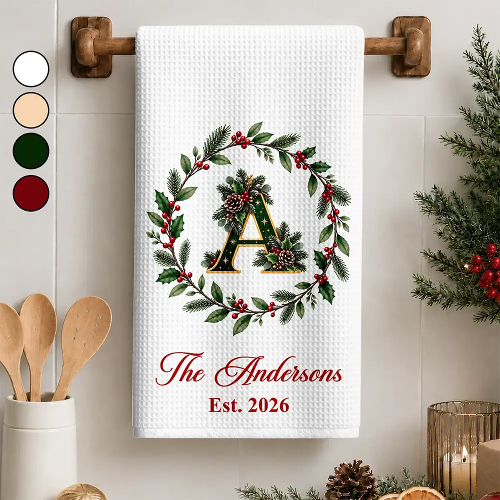 Housewarming Gift For Married Couples Friend Family - Personalized Christmas Wreath With Initial Kitchen Towel