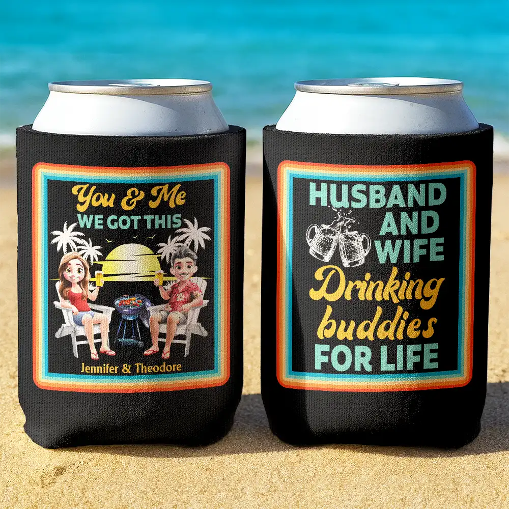 Gift For Husband, Gift For Wife, Married, Parents, Gift For Couples, Happy - Husband And Wife Drinking Buddies For Life - Personalized Can Cooler Sleeve
