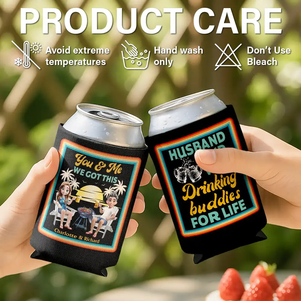 Gift For Husband, Gift For Wife, Married, Parents, Gift For Couples, Happy - Husband And Wife Drinking Buddies For Life - Personalized Can Cooler Sleeve