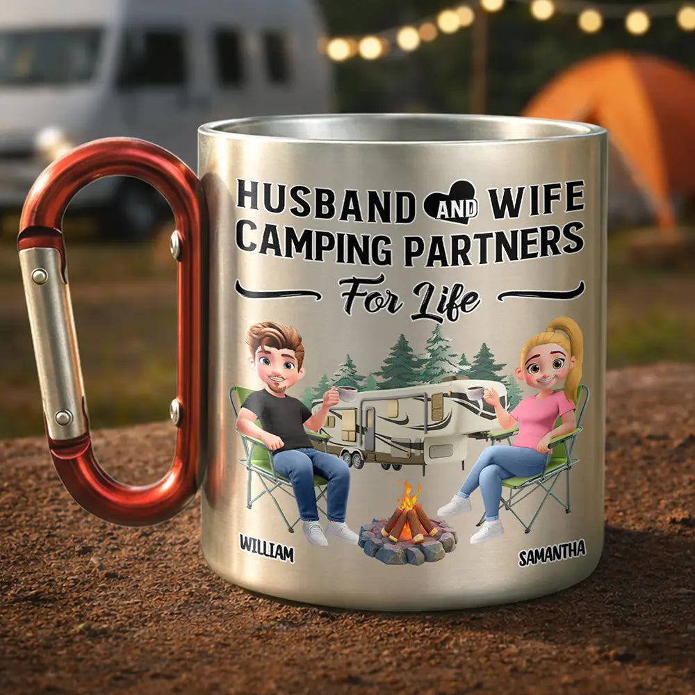 Husband & Wife Camping Partners For Life - Personalized Carabiner Mug