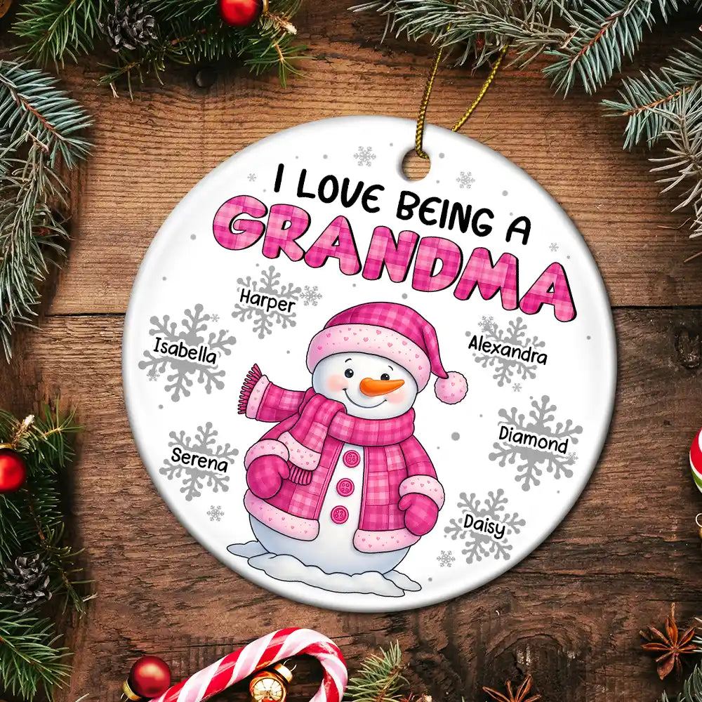 Gift For Grandma,Gift For Mother,Happy,Christmas,Gift For Kids,Gift For Grandkids - I Love Being A Grandma Snowman - Personalized Circle Ceramic Ornament