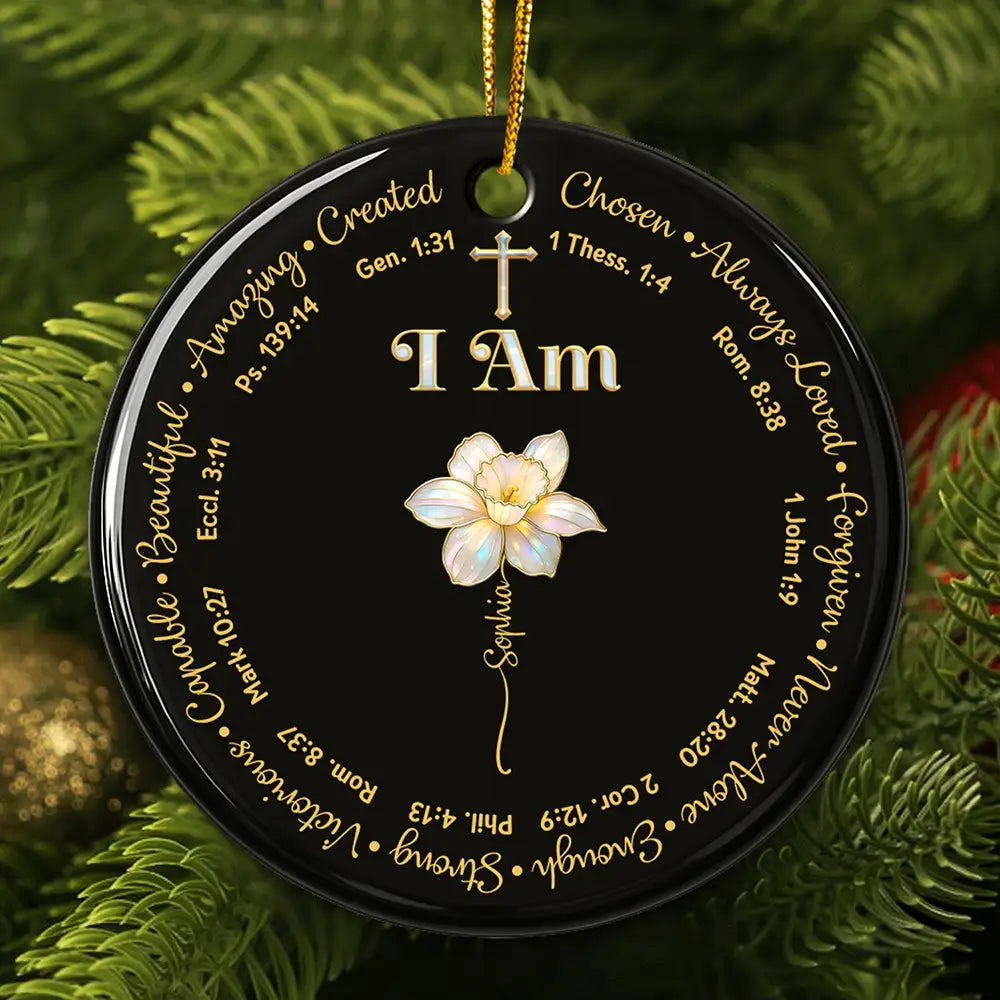 I Am Always Loved Birth Month Flower Nacre Effect - Personalized Circle Ceramic Ornament