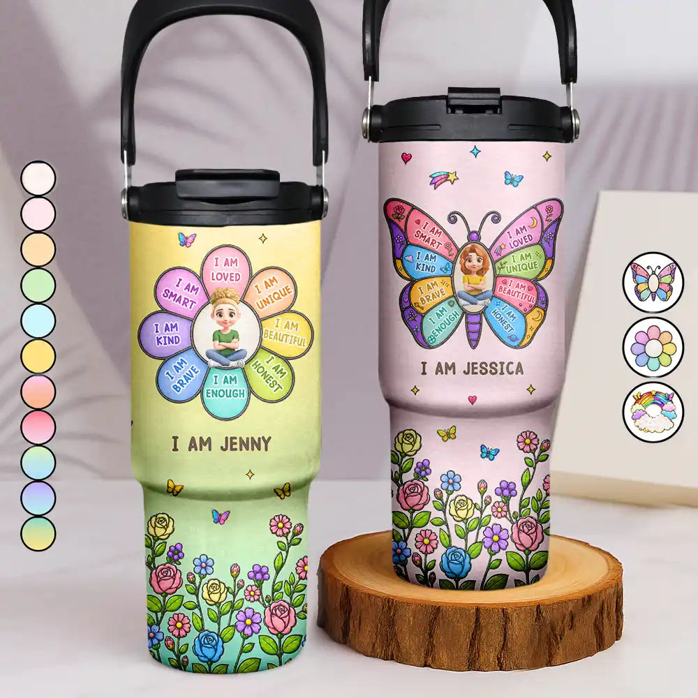 I Am Smart Kind Brave Butterfly Flower Rainbow - Personalized 30oz Tumbler With Handle