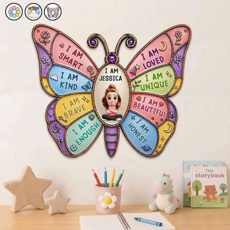 Adorable, Back To School, Gift For Kids, Vector - I Am Smart Kind Brave Butterfly Flower Rainbow - Personalized Custom Shaped Metal Sign