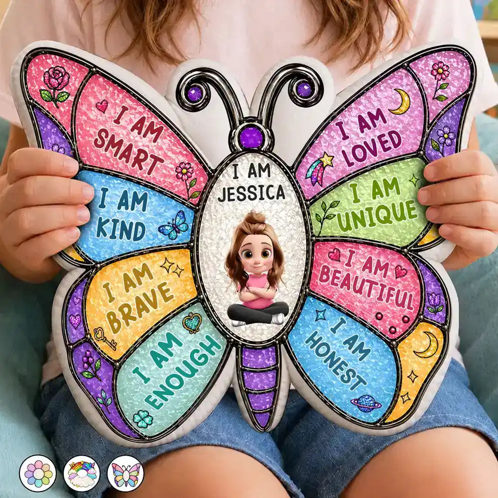 Adorable,Back To School,Gift For Kids,Vector - I Am Smart Kind Brave Butterfly Flower Rainbow - Personalized Custom Shaped Pillow