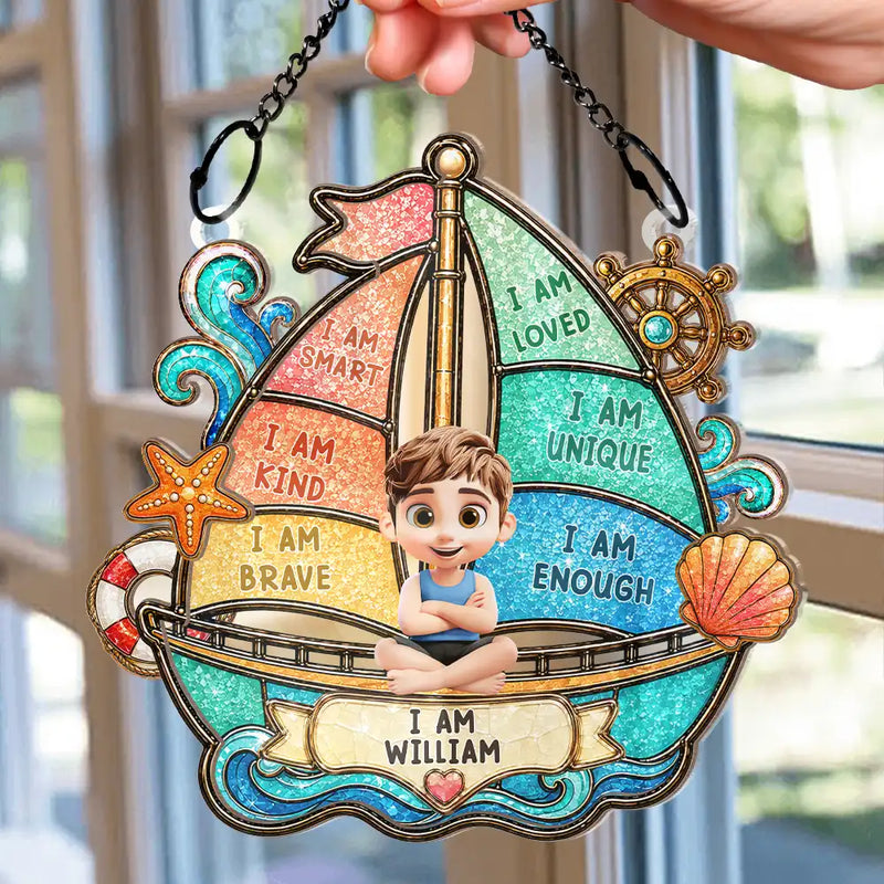 Gift For Kids, Summer, Adorable, Vector - I Am Smart Kind Brave Crab Castle Boat - Personalized Window Hanging Suncatcher Ornament