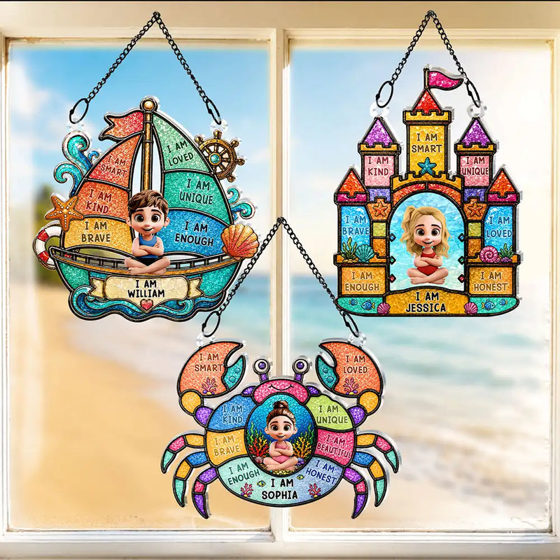 Gift For Kids, Summer, Adorable, Vector - I Am Smart Kind Brave Crab Castle Boat - Personalized Window Hanging Suncatcher Ornament