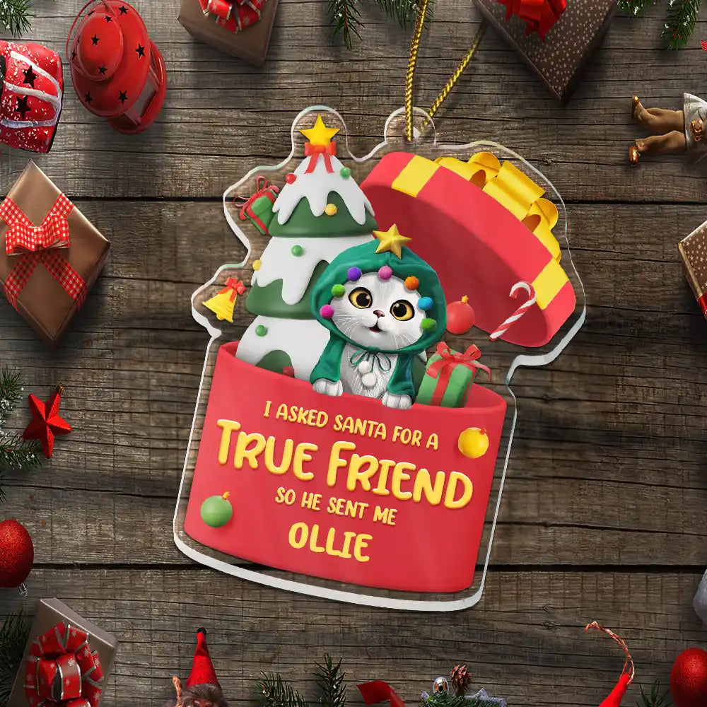 Pet Lovers,Pet Mom,Pet Dad,Dog Lovers,Dog Mom,Dog Dad,Cat Lovers,Cat Mom,Cat Dad,Gift For Women,Gift For Men,Christmas,Happy - I Asked Santa For A True Friend Dog Cat 3D Effect - Personalized Custom Shaped Acrylic Ornament