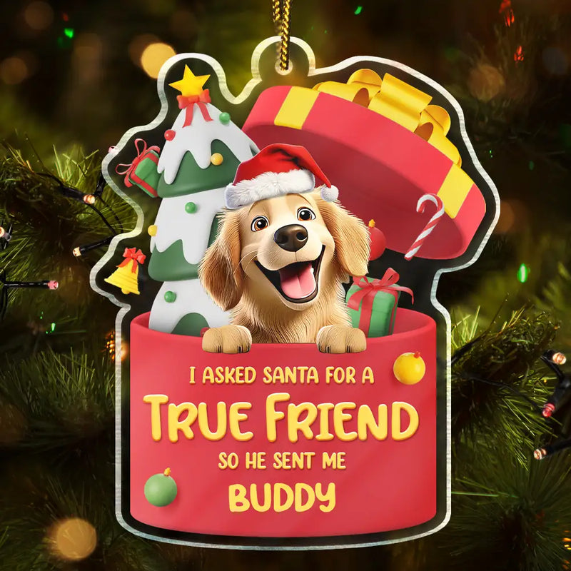 Pet Lovers,Pet Mom,Pet Dad,Dog Lovers,Dog Mom,Dog Dad,Cat Lovers,Cat Mom,Cat Dad,Gift For Women,Gift For Men,Christmas,Happy - I Asked Santa For A True Friend Dog Cat 3D Effect - Personalized Custom Shaped Acrylic Ornament