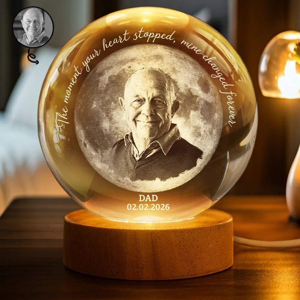 Moon Phase Custom Photo Pencil Sketch Memorial The Moment Your Heart Stopped - Personalized Crystal Globe Lamp