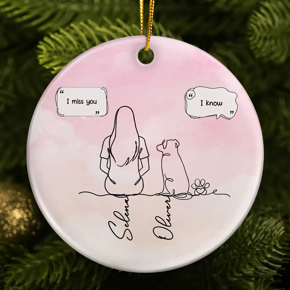 I Miss You Memorial Dog Cat Line Art - Personalized Circle Ceramic Ornament