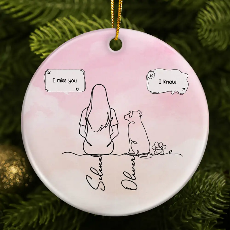 Sentimental,Christmas,Pet Lovers,Memorial,Vector - I Miss You Memorial Dog Cat Line Art - Personalized Circle Ceramic Ornament